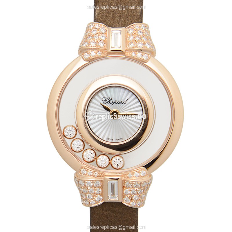 Chopard Happy Diamonds Quartz 18kt Rose Gold - Skull Dial - Leather Brown Strap - Buckle Clasp